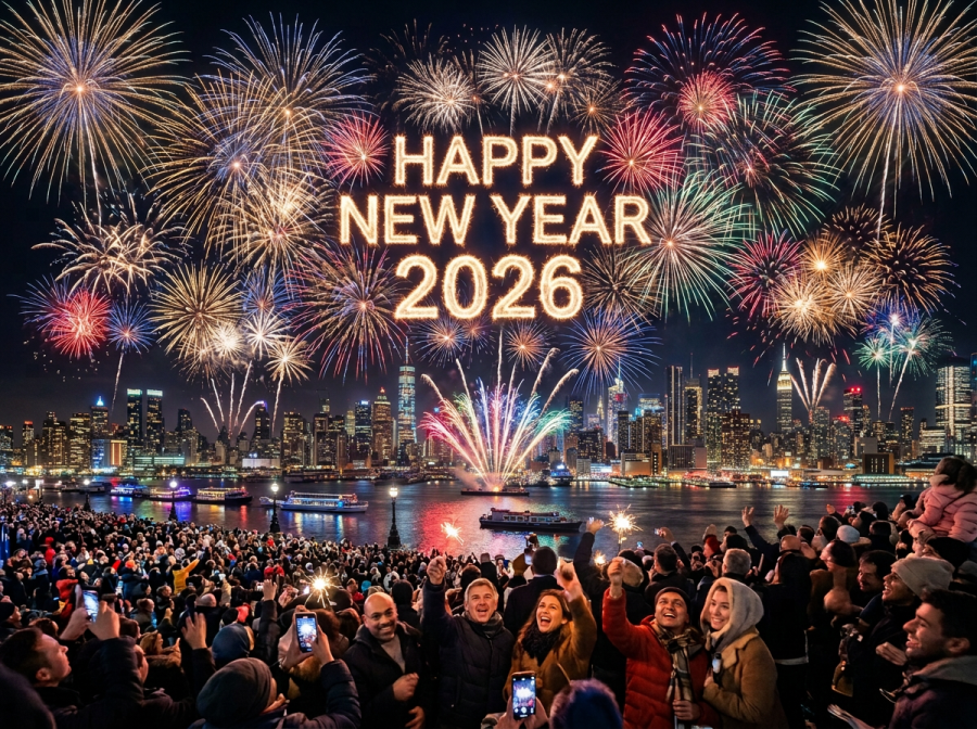 Fireworks and illuminated text saying Happy New Year 2026 over London at night